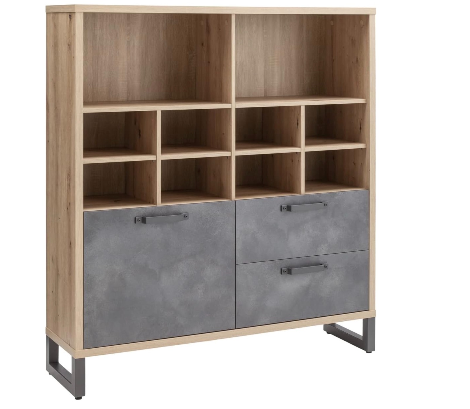 Libreria Industry per ufficio con 2 cassetti e un'anta in finitura Rovere e Grigio smoke