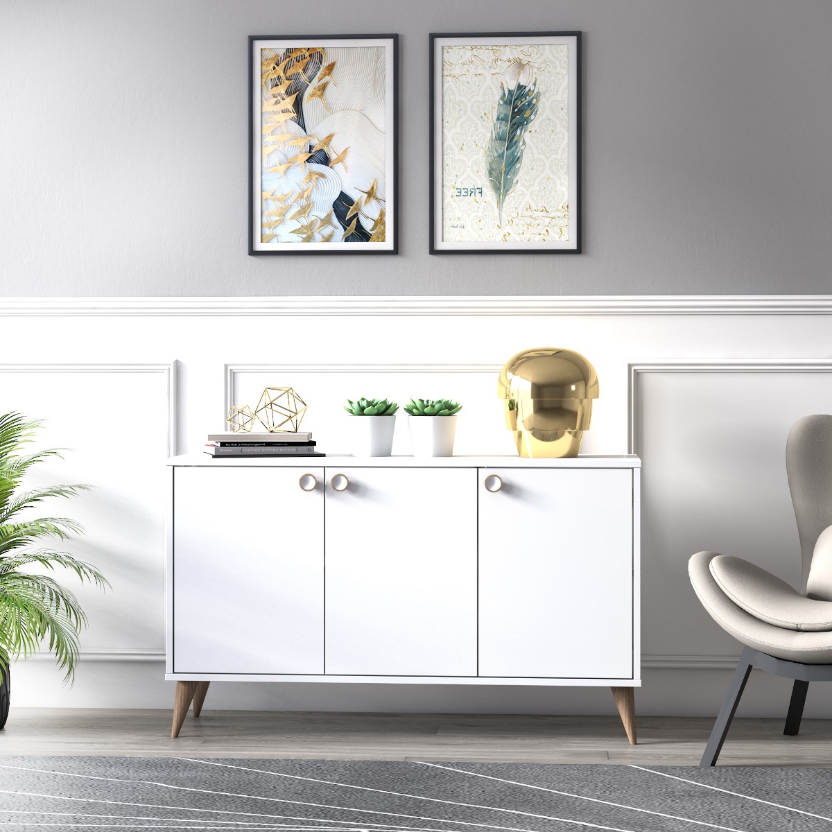 Madia bianca Ankara, 3 ante e piedini a cono