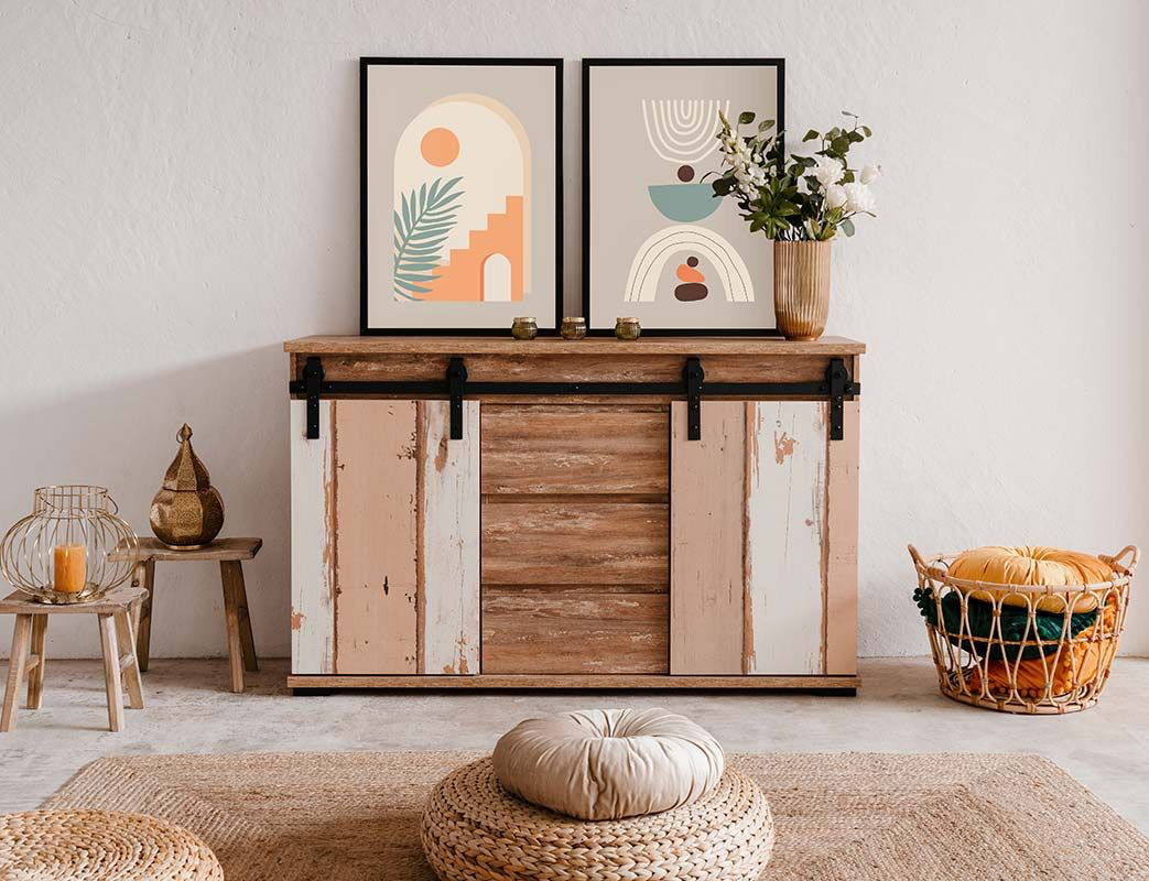 Madia scontata Tromso con 2 ante e 3 cassetti in finitura Bianco anticato e Rovere anticato