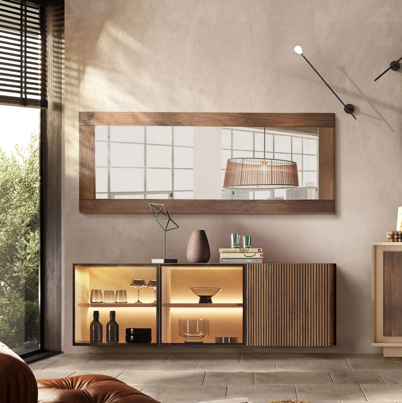 Madia sospesa 3 ante con vetri bronzati, Cashmere e Mercure cannettato