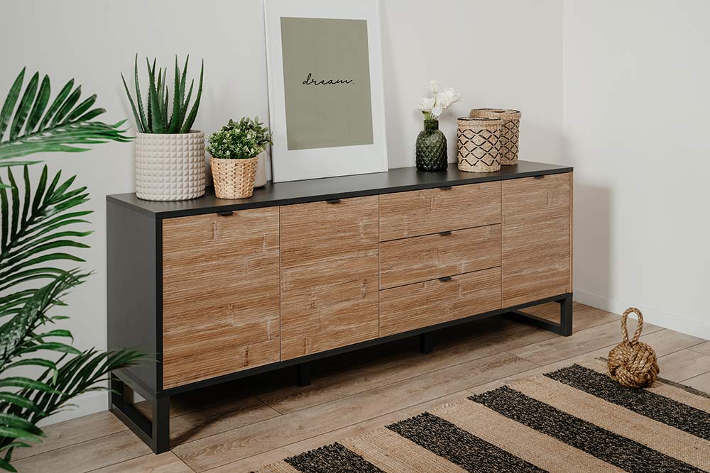 Madia in stile nordico con ante e cassetti in finitura antracite e bamboo