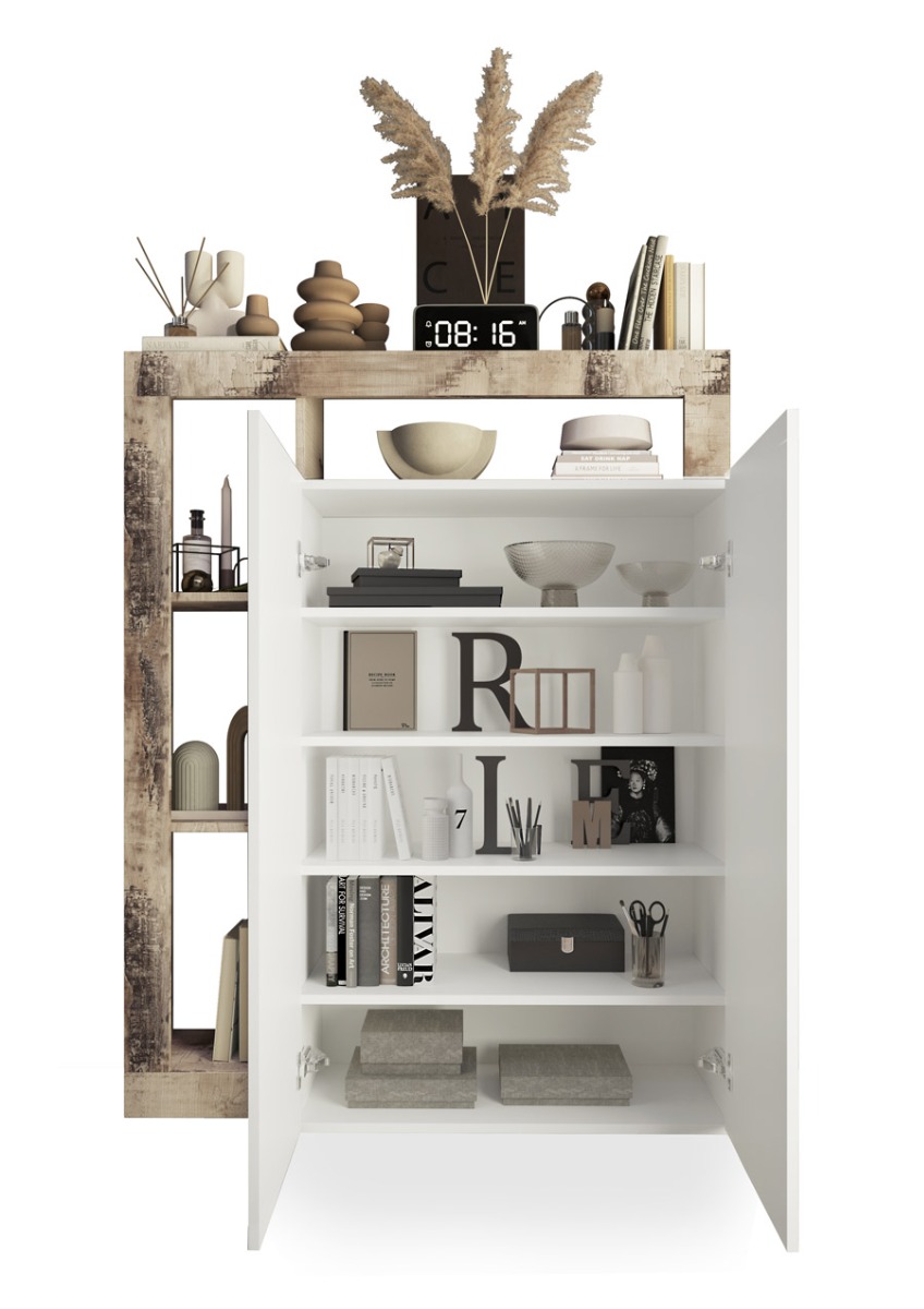 Madia alta moderna 2 ante battenti finitura Bianco lucido e Pero