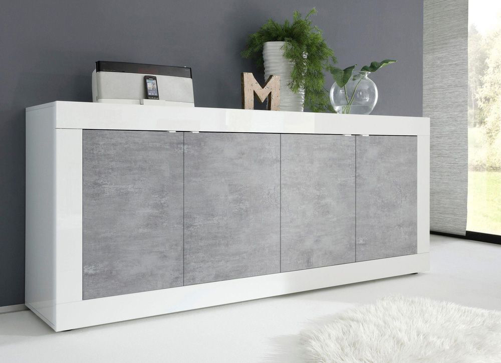 Madie, credenza moderna a 4 ante, Bianco Lucido e Beton