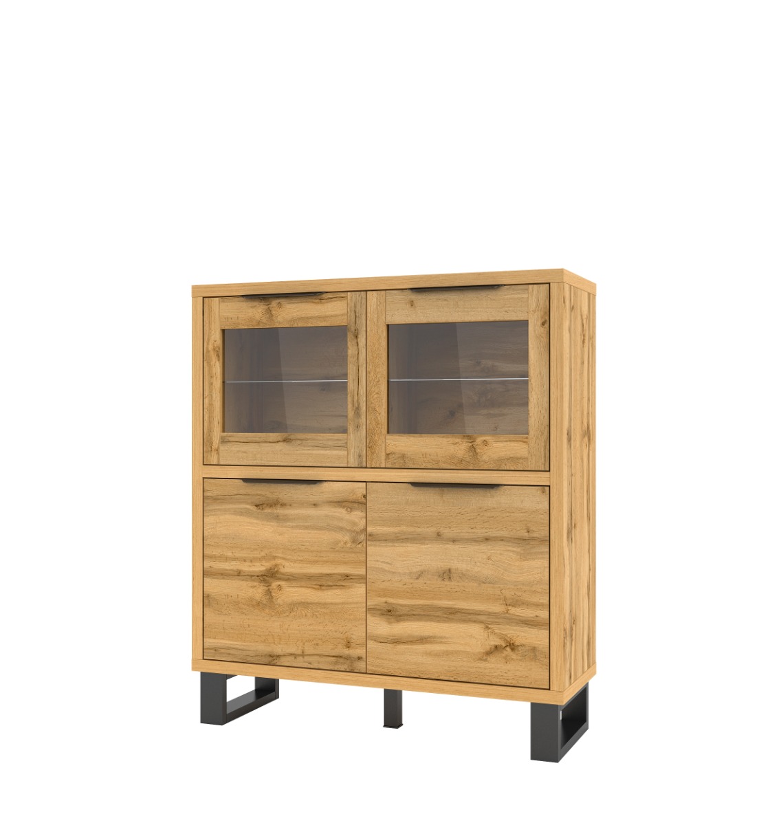 Vetrina bassa 4 ante e 6 ripiani, finitura quercia e metallo nero 