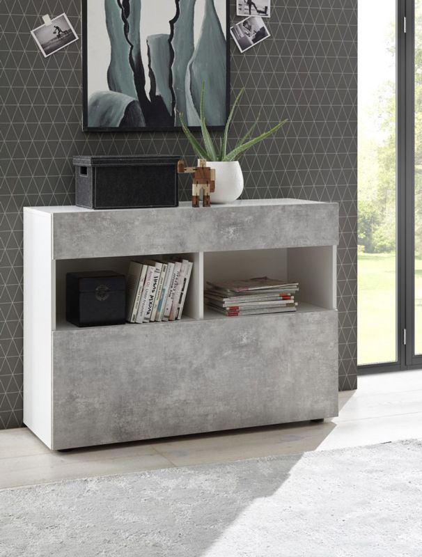 Madia moderna, 1 anta ribalta 1 cassetto, finitura Bianco laccato lucido e Beton