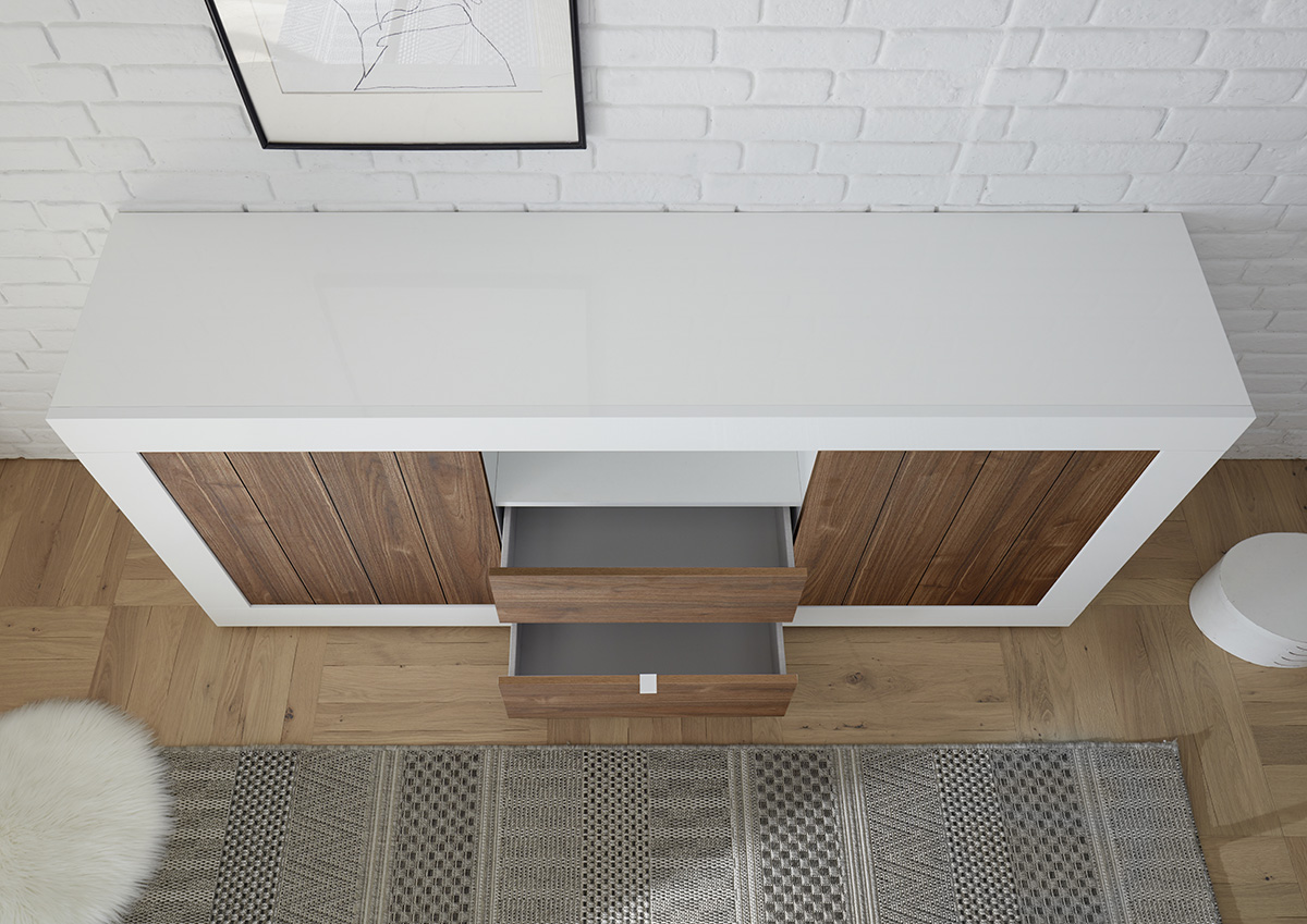 Madia moderna, 2 ante 2 cassetti in finitura Noce Dark e Bianco Lucido