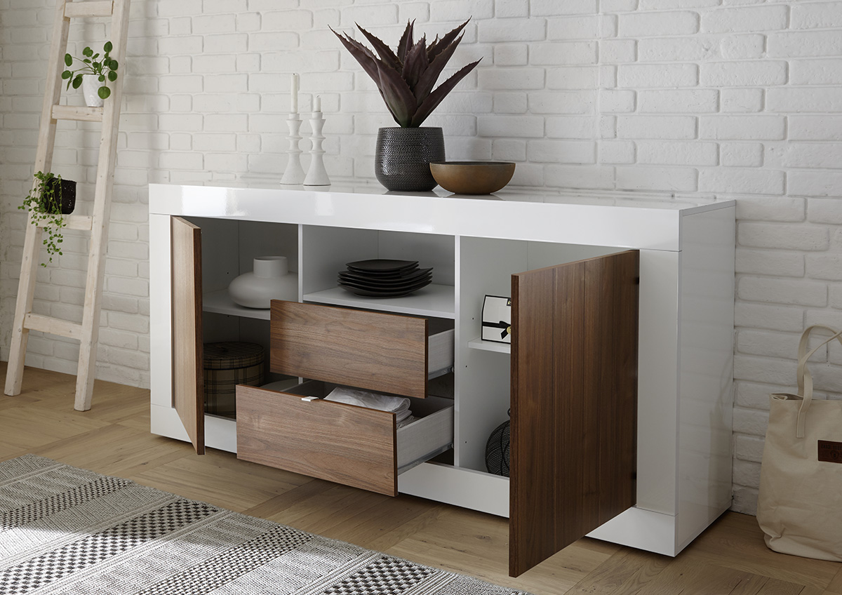 Madia moderna, 2 ante 2 cassetti in finitura Noce Dark e Bianco Lucido