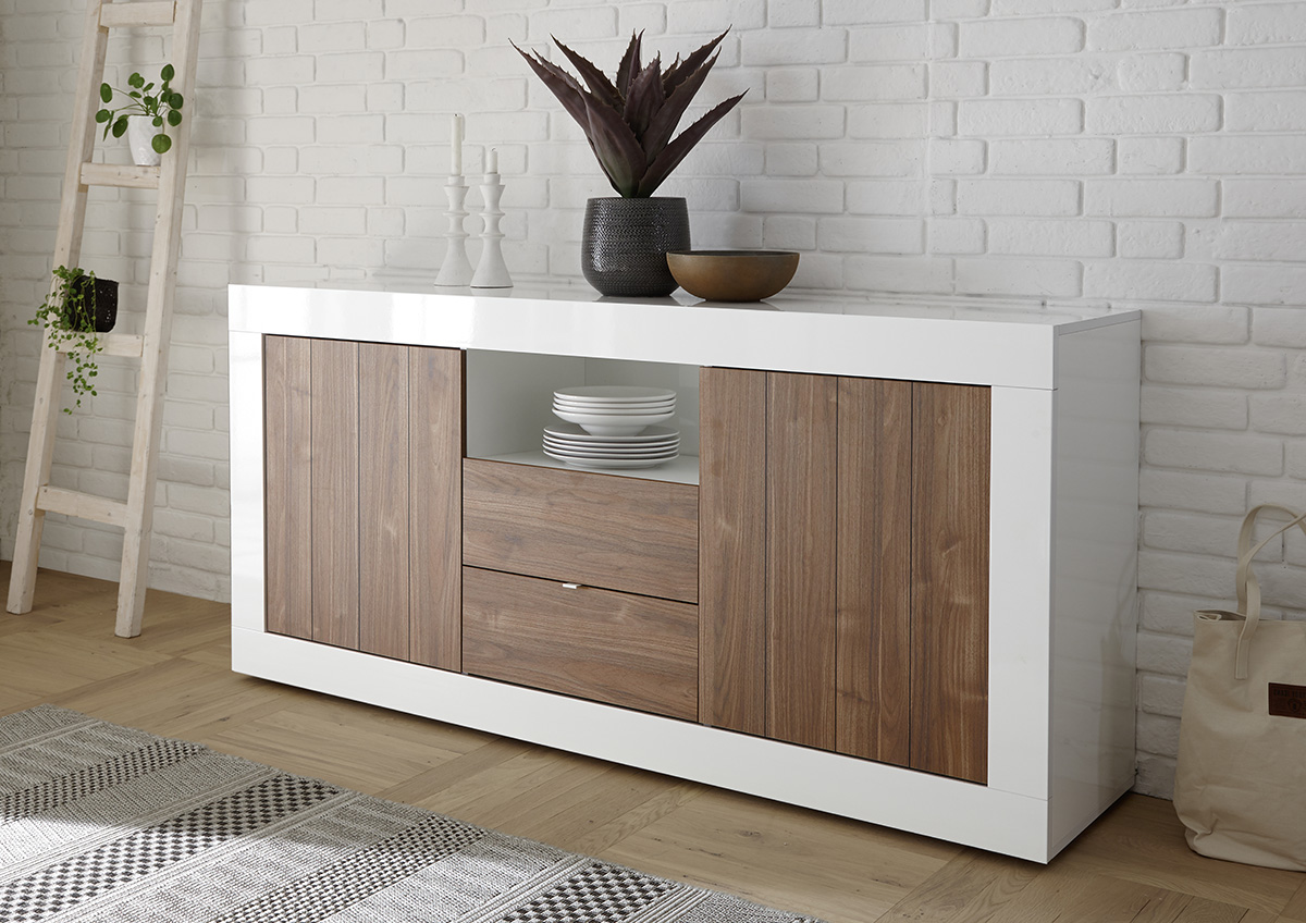 Madia moderna, 2 ante 2 cassetti in finitura Noce Dark e Bianco Lucido