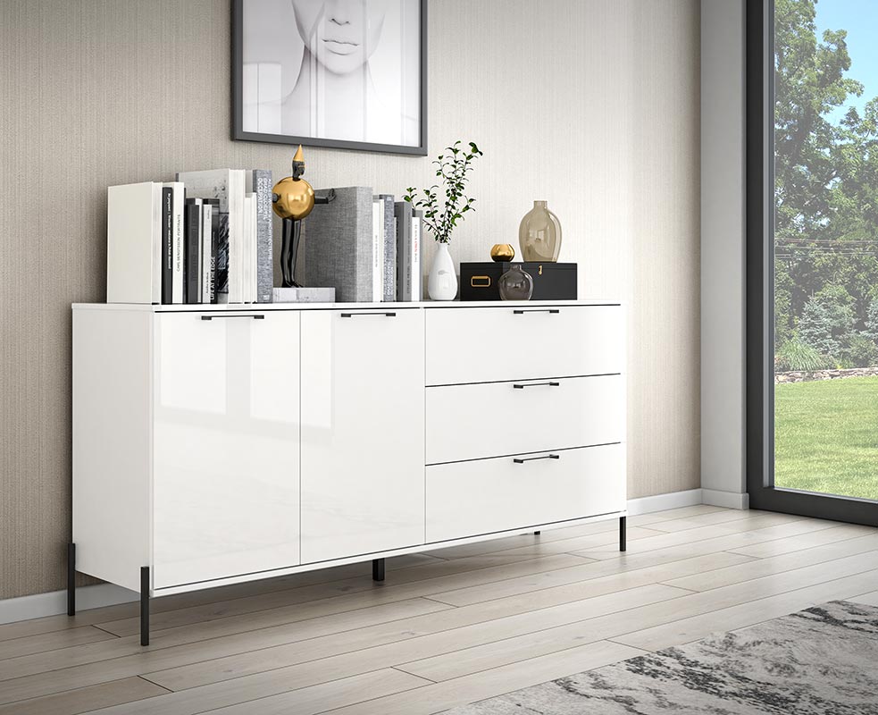 Credenza 2 ante 3 cassetti con piedini, finitura Bianco lucido e opaco