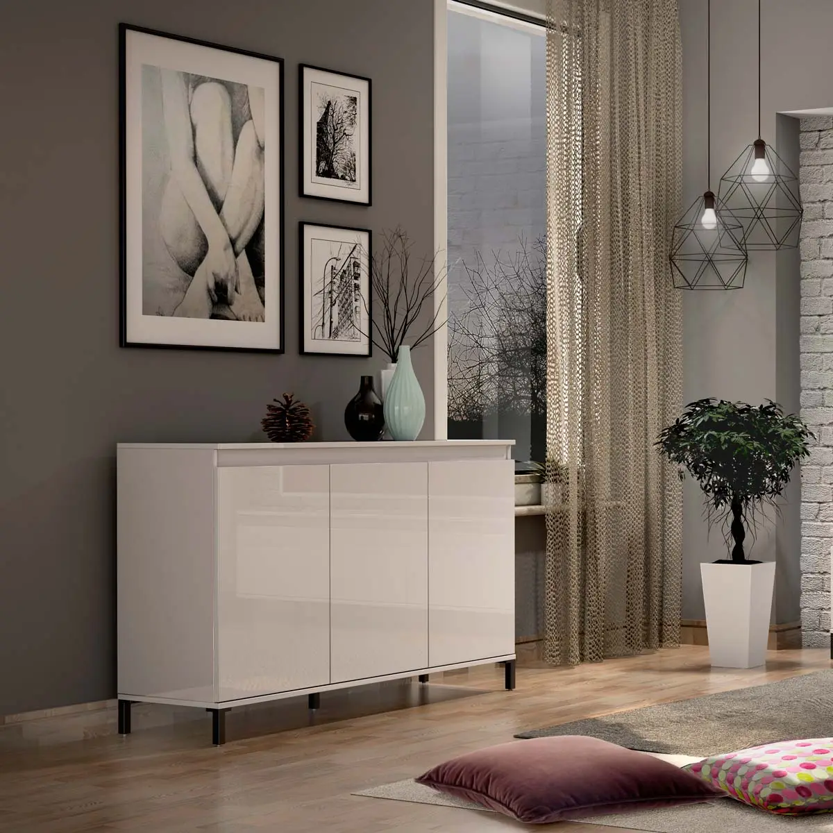 Credenza moderna a 3 ante, finitura Bianca lucida, Made in Italy