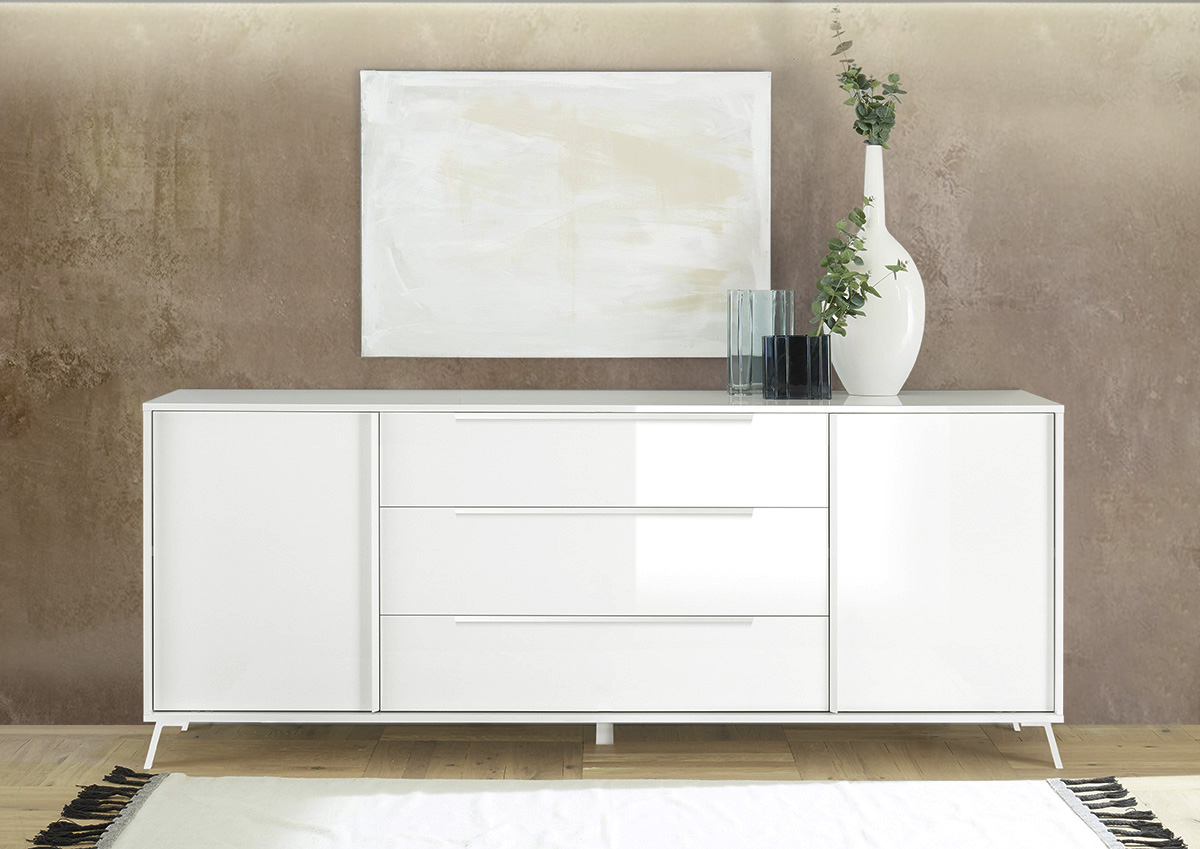 Madia moderna 2 ante 3 cassetti in finitura Bianco Laccato Lucido