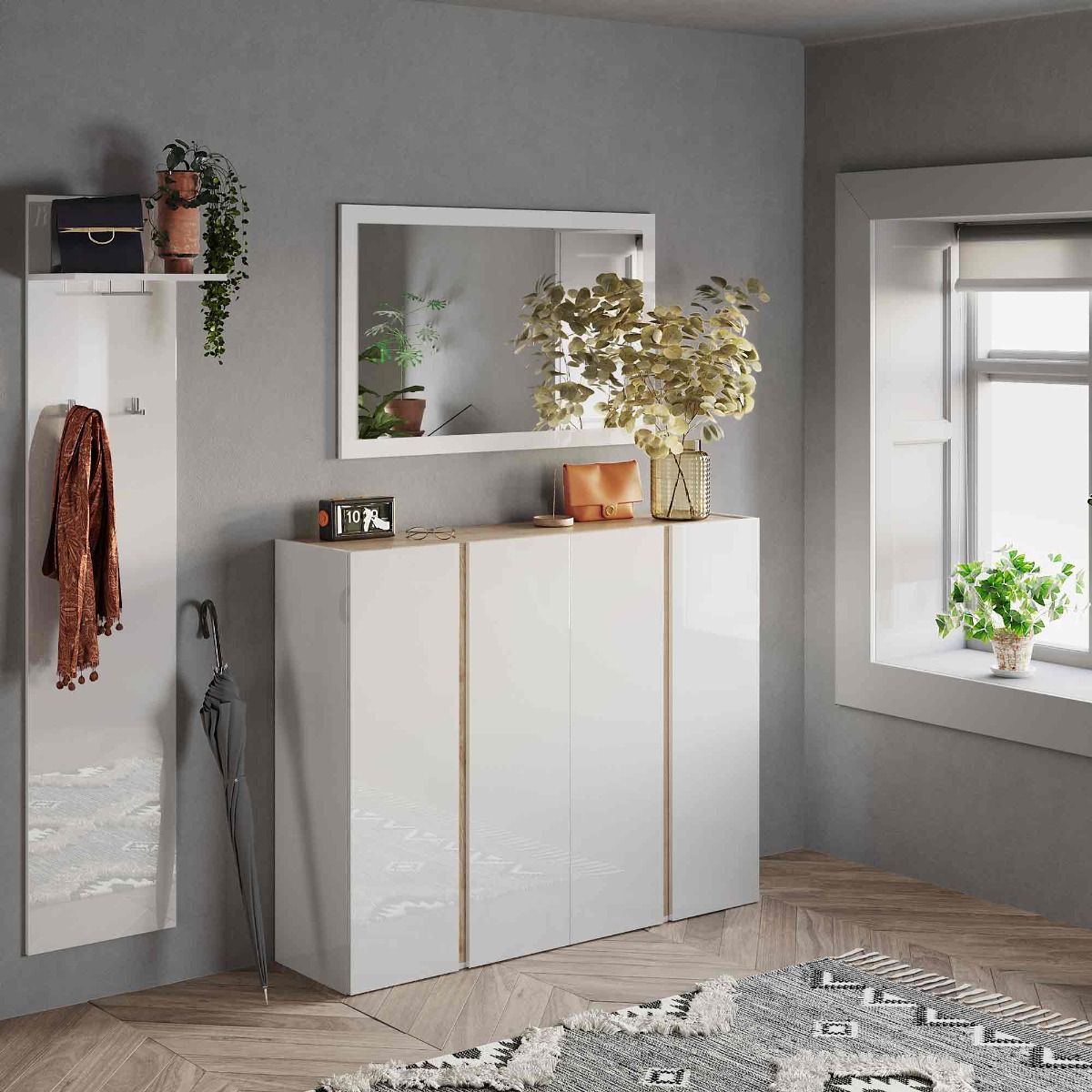 Capiente Scarpiera 4 ante con 20 ripiani interni, Bianco lucido e Cadiz