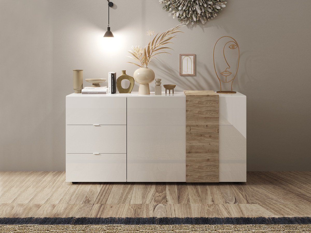 Madia moderna 2 ante 3 cassetti in Kadiz e Bianco Lucido