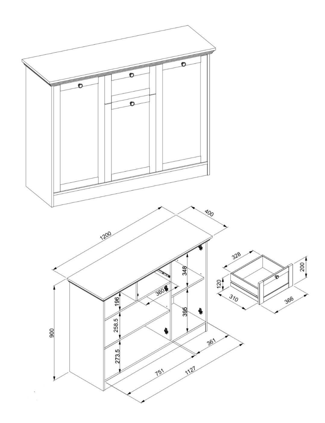 Madia, credenza con 3 ante e 1 cassetto finitura bianca