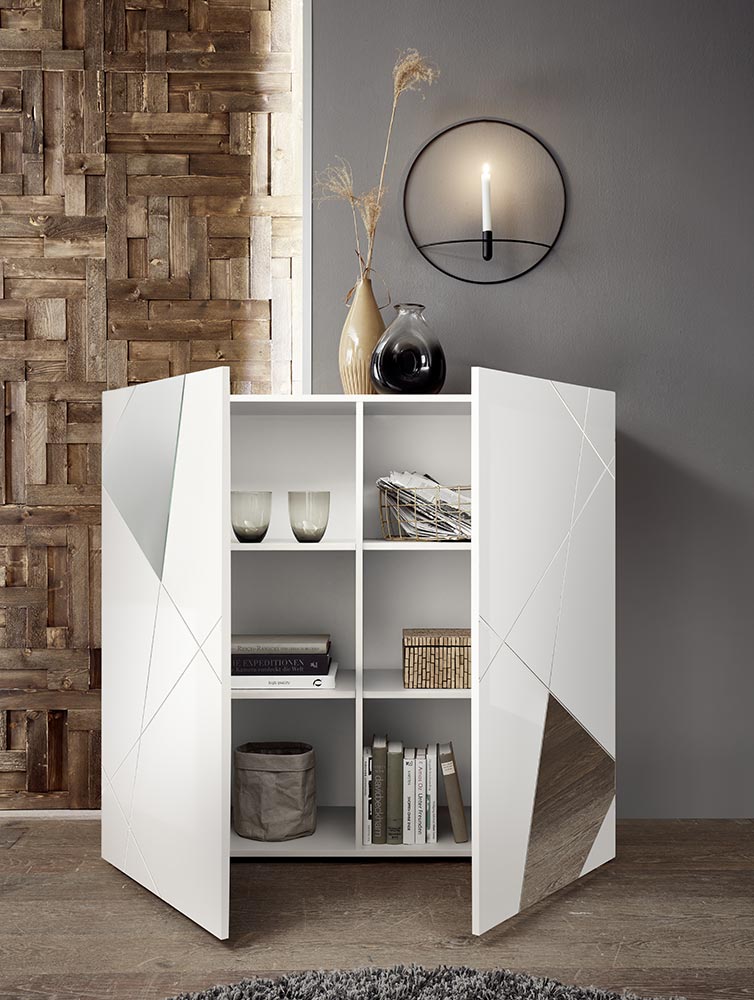 Soggiorno con libreria, credenza e tavolo in Bianco lucido