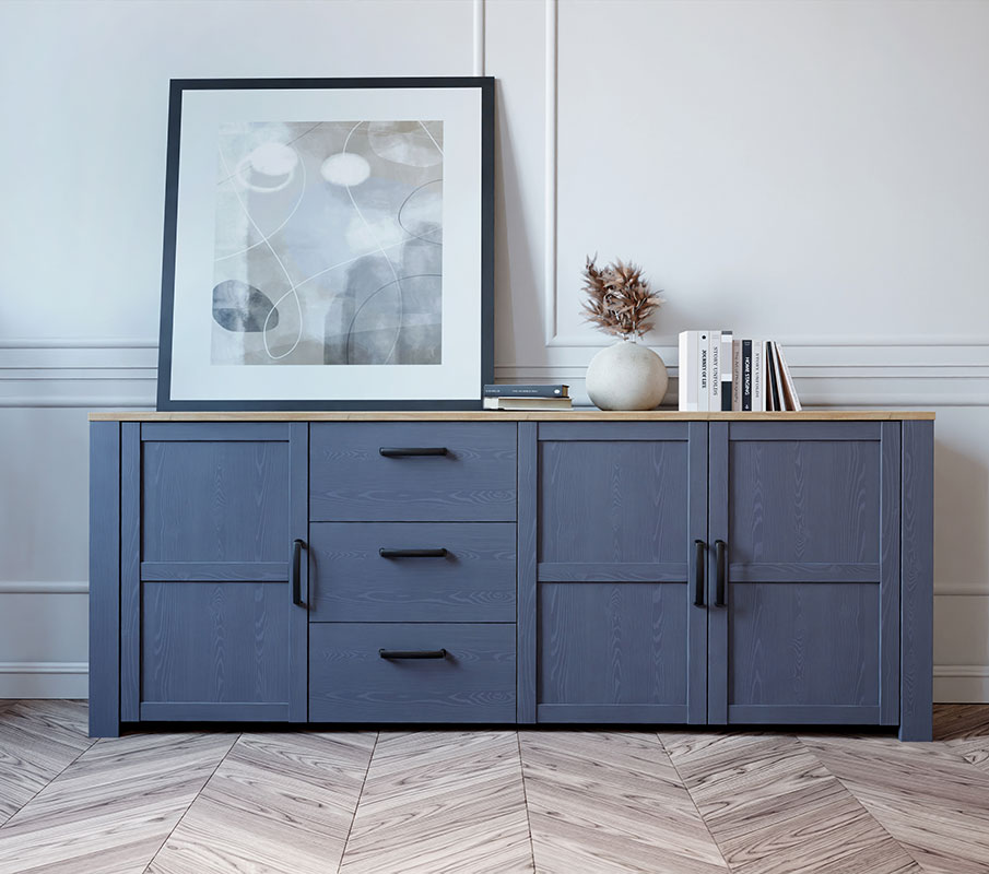 Credenza 3 ante e 3 cassetti, finitura Rovere riviera e Rovere navy