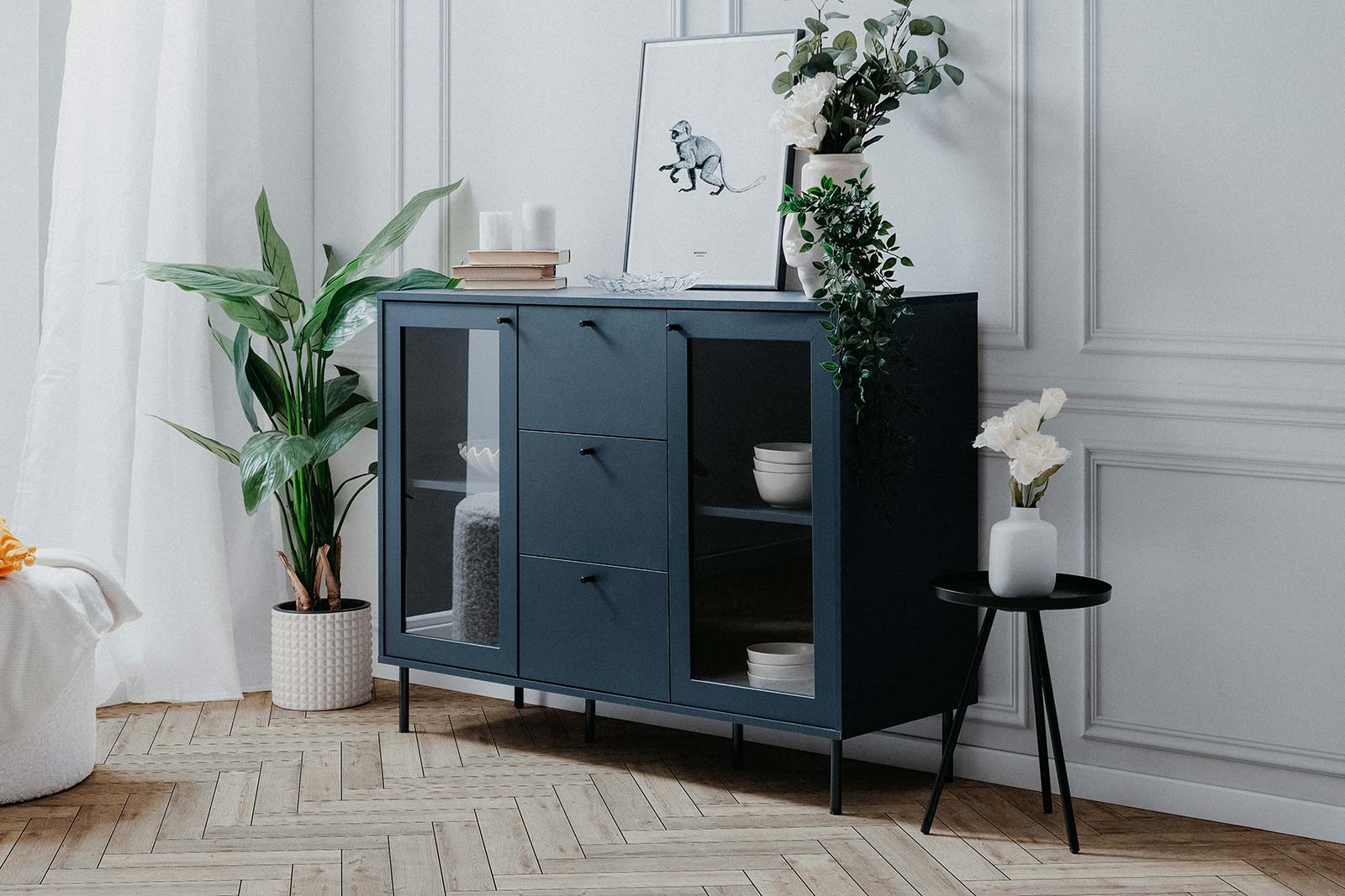 nuova Conveniente Madia 2 ante e 3 cassetti, finitura Blu scuro