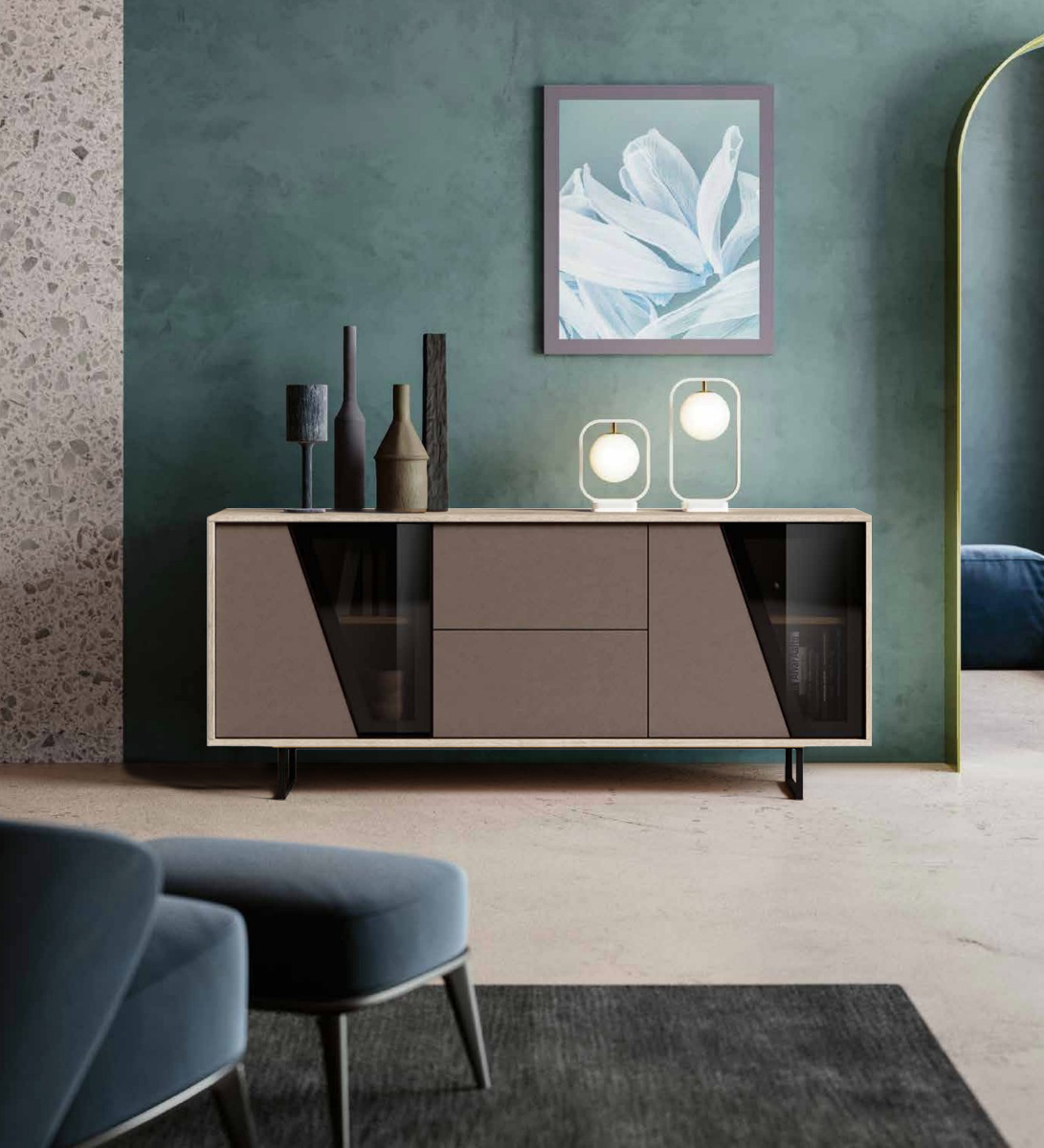 Madia 4 ante 2 cassetti in finitura Bronzo e Bianco Altea, made in Italy