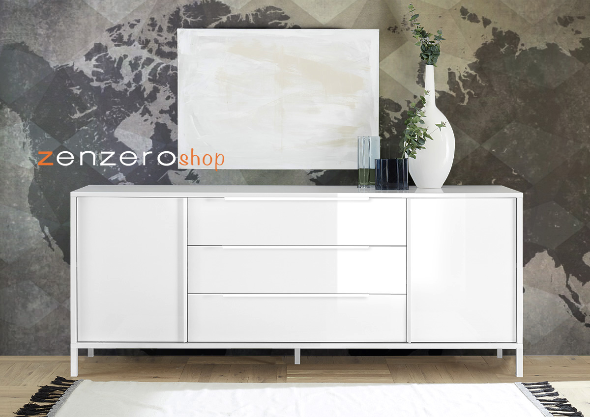 Madia 2 ante 3 cassetti, stile moderno, finitura bianco lucido