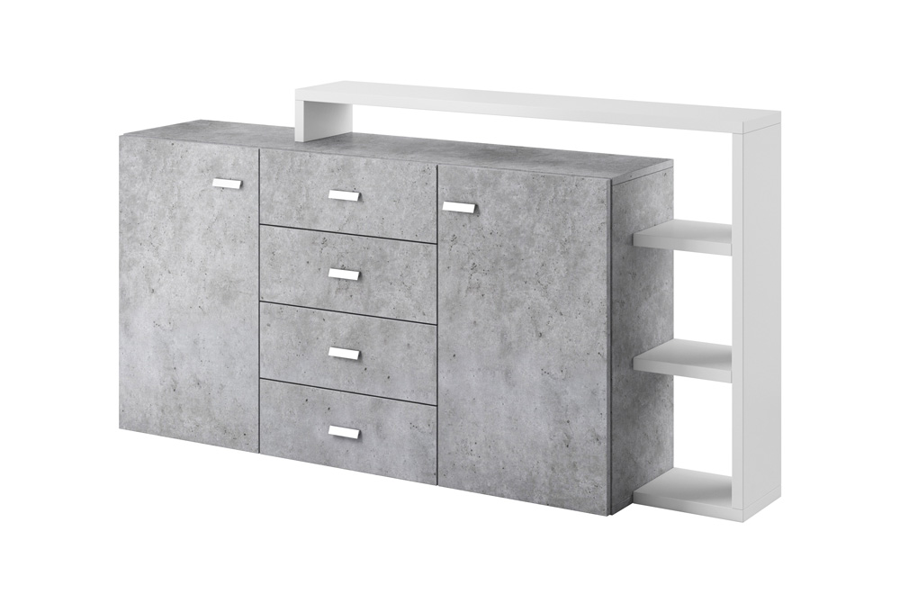 Credenza L.180 cm 2 ante e 4 cassetti, finitura bianco opaco e grigio cemento 