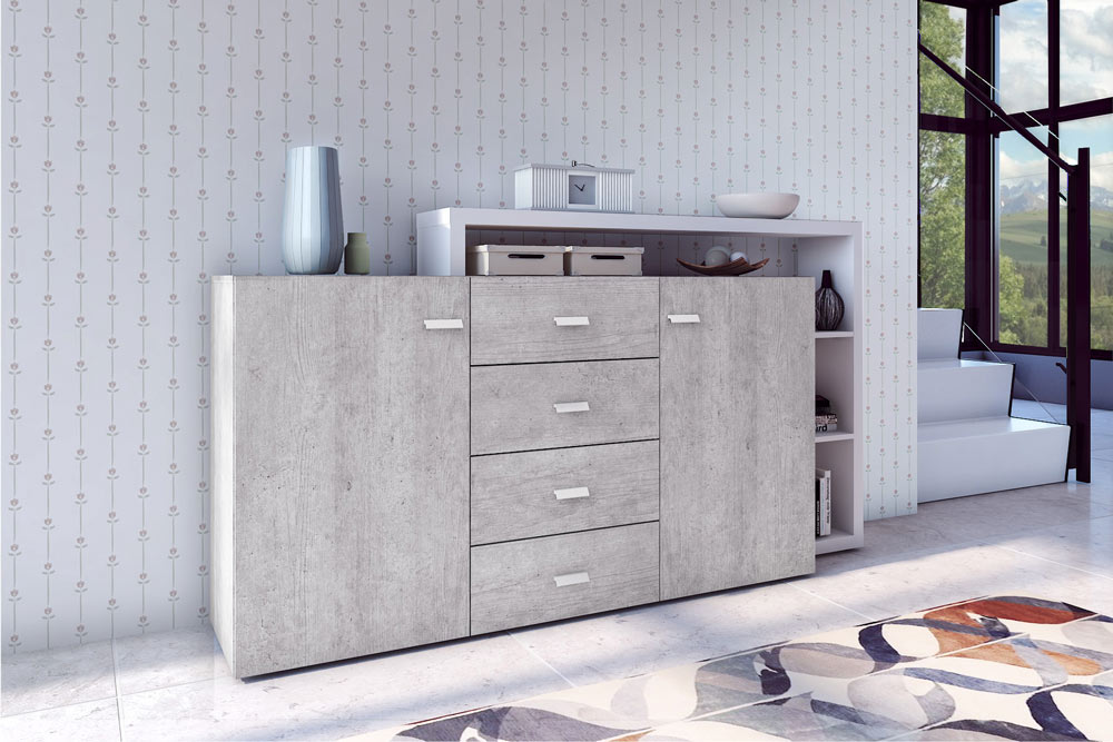 Credenza L.180 cm 2 ante e 4 cassetti, finitura bianco opaco e grigio cemento 