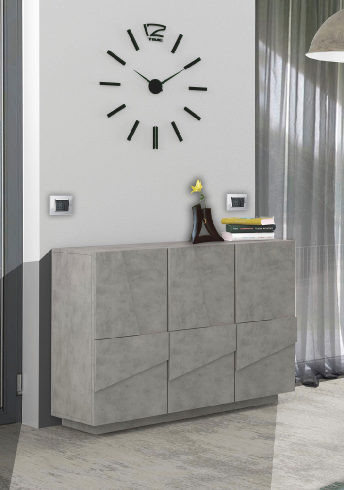 Madia moderna con 3 ante dal disegno geometrico in finitura Beton