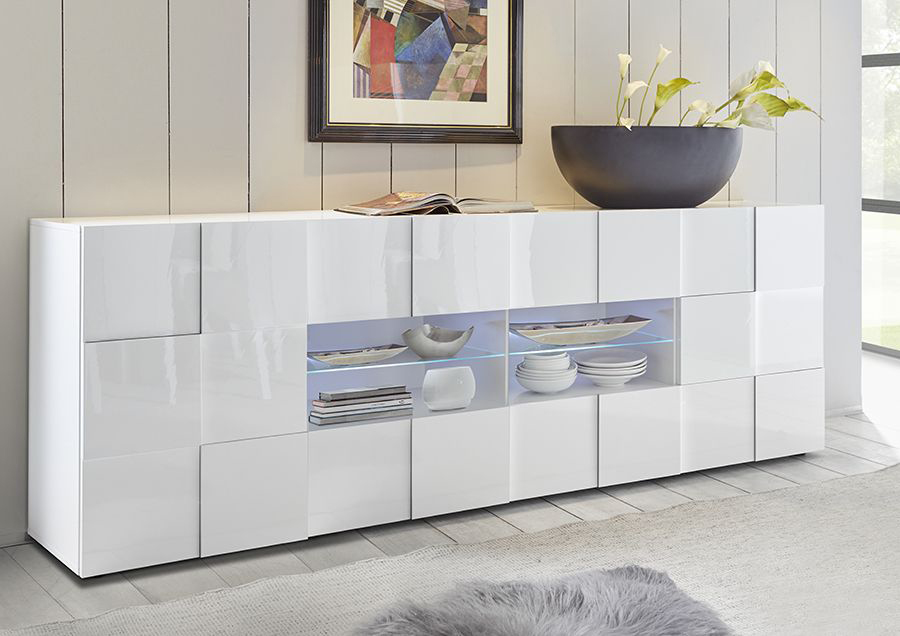 Credenza Moderna, Madia di Design, 2 ante e 4 cassetti, Bianco Lucido