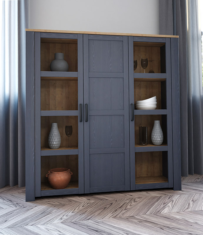 Vetrina Rovere navy e Rovere riviera, 3 ante 