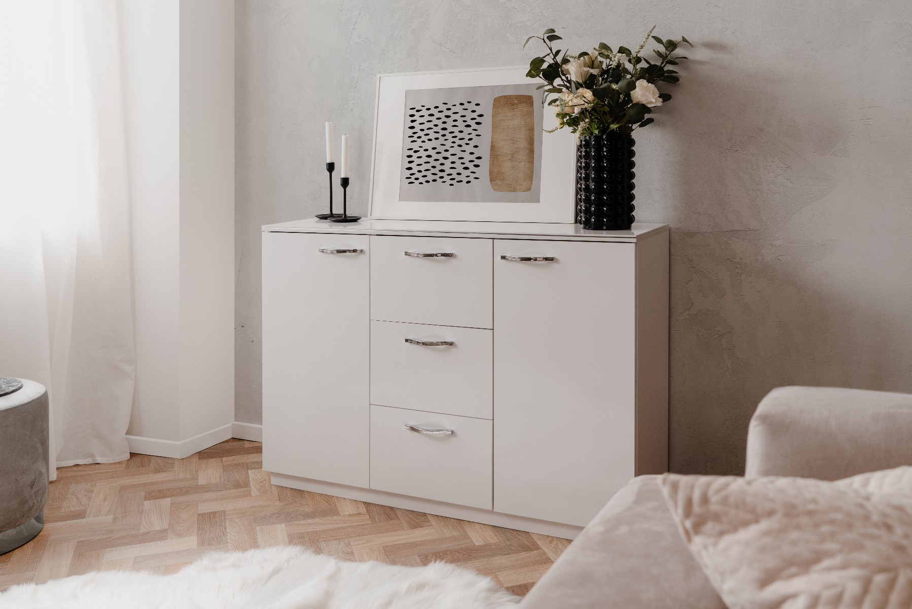 Madia multiuso 2 ante 3 cassetti in finitura Bianco lucido