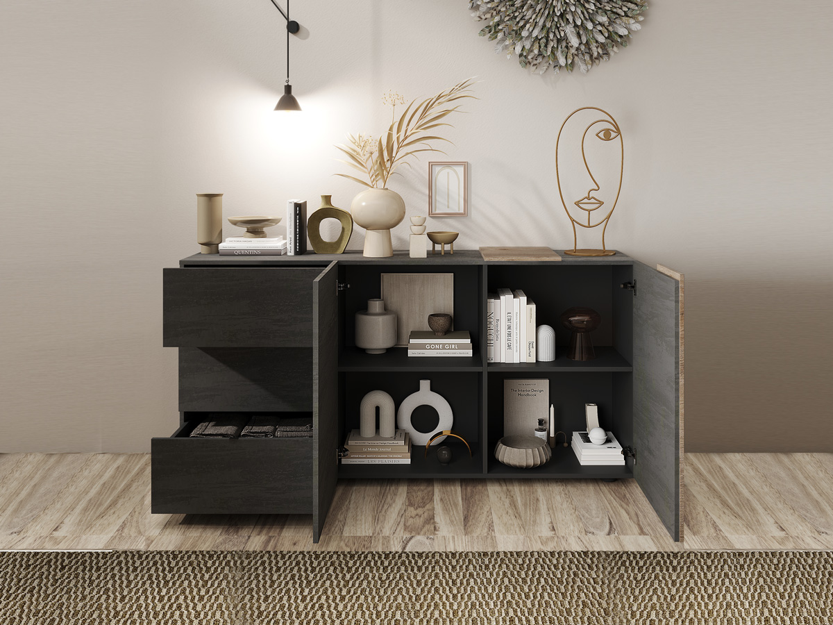 Soggiorno moderno composto da madia e porta tv, titanio