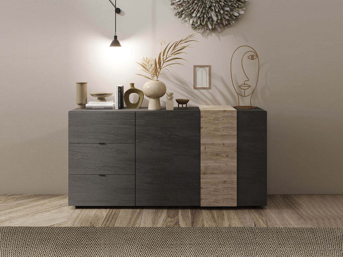 Soggiorno moderno, 2 madie e porta tv, Kadiz e Titanio