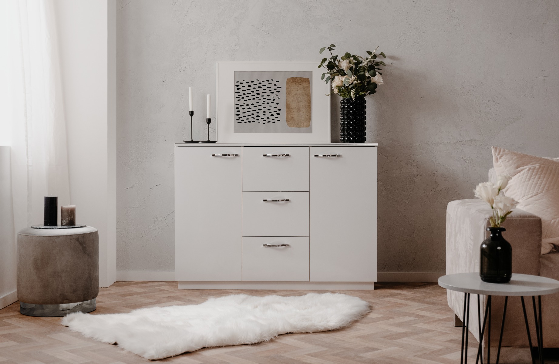 Madia multiuso 2 ante 3 cassetti in finitura Bianco lucido