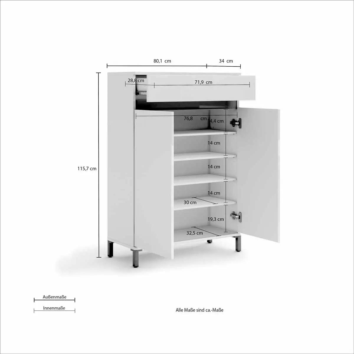 Scarpiera 2 ante e 1 cassetto, Bianco lucido 