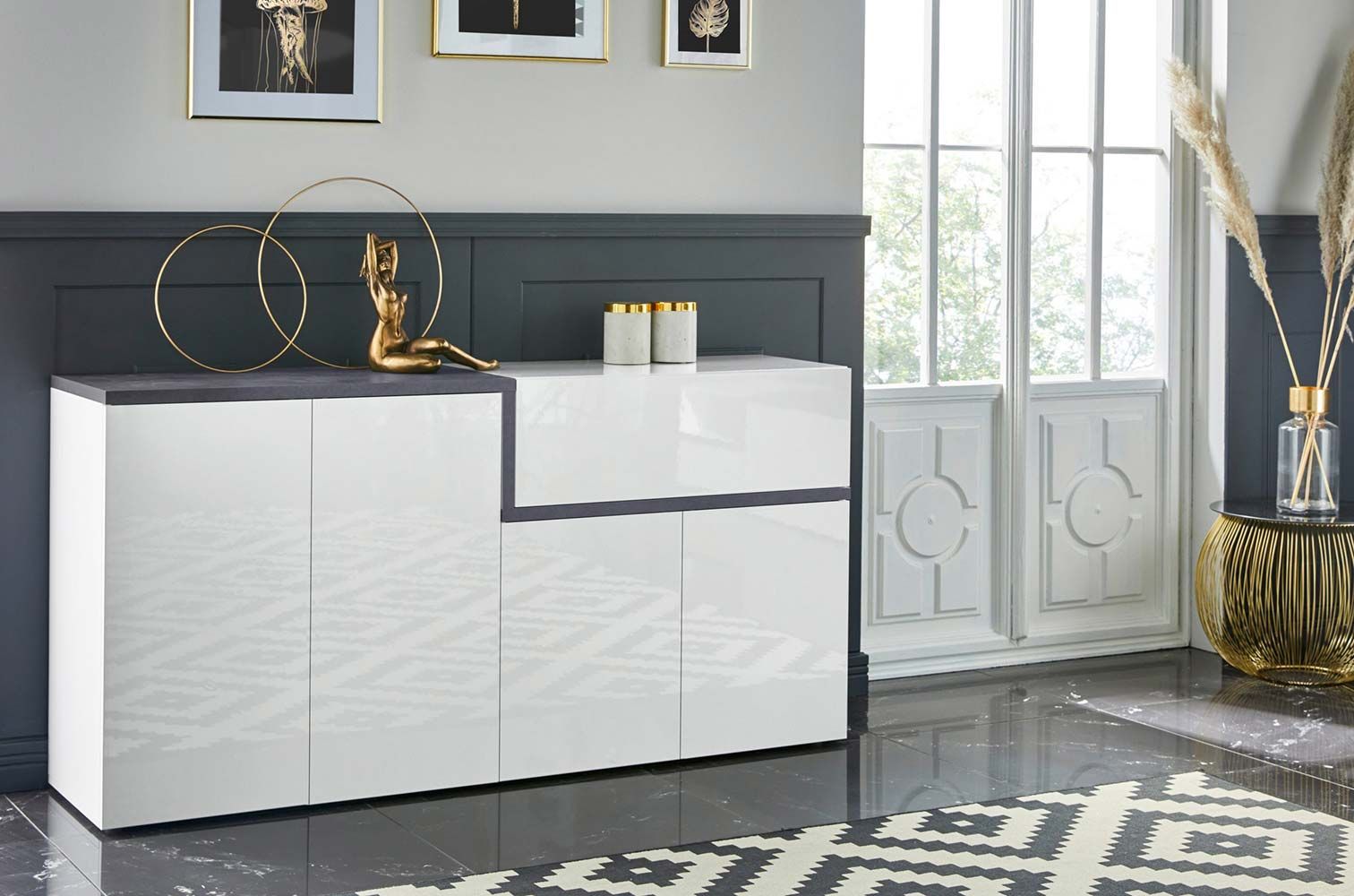 Madia moderna con 4 ante e 1 cassetto in finitura Bianco lucido e Ardesia 