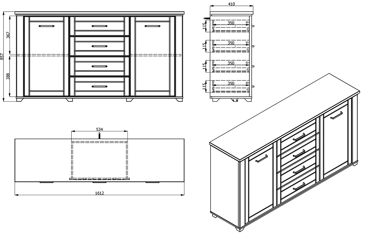 Madia contemporanea con cassetti, finitura Rovere e Grafite