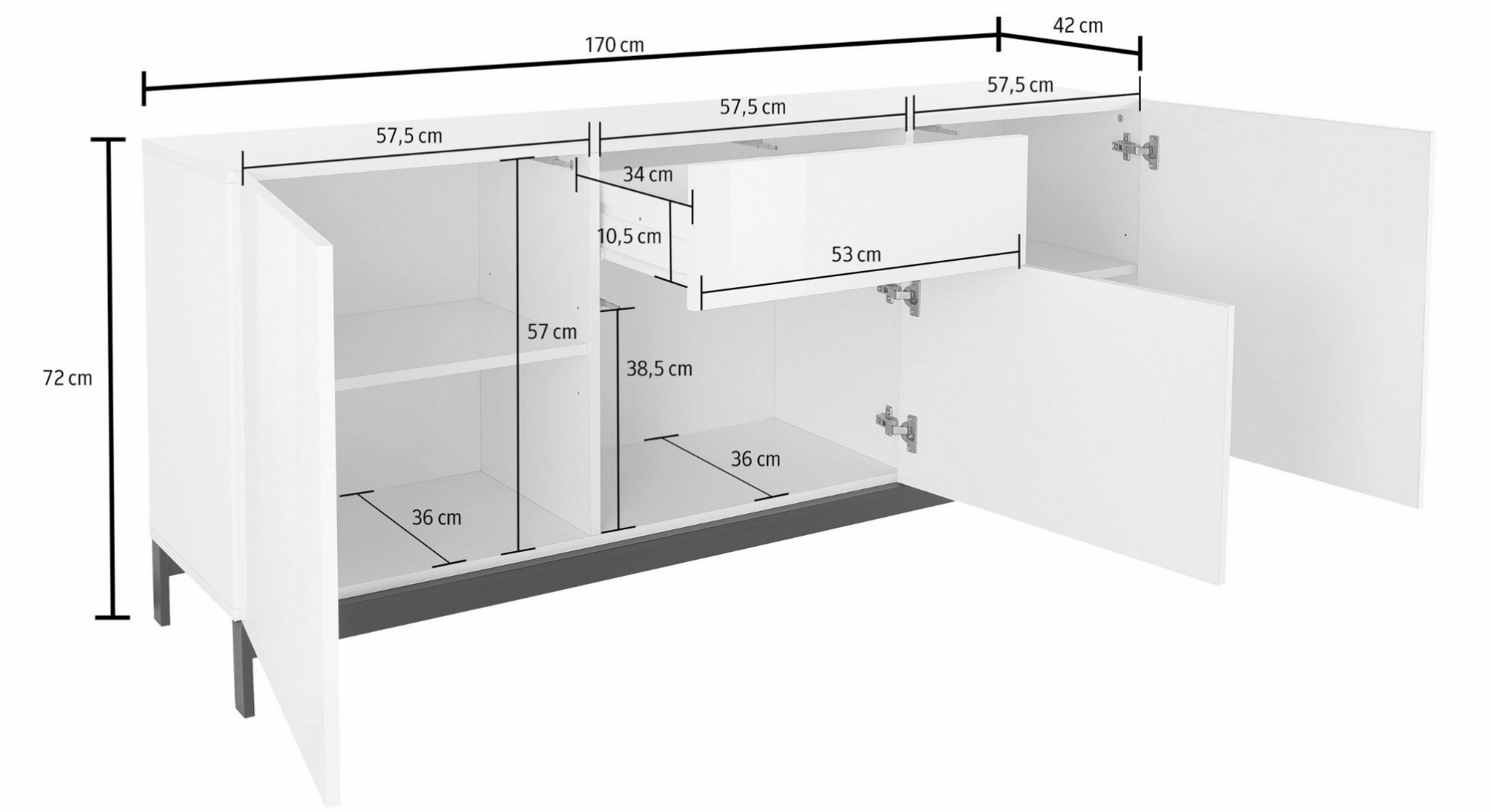 Madia moderna, 3 ante 1 cassetto in finitura bianco lucido