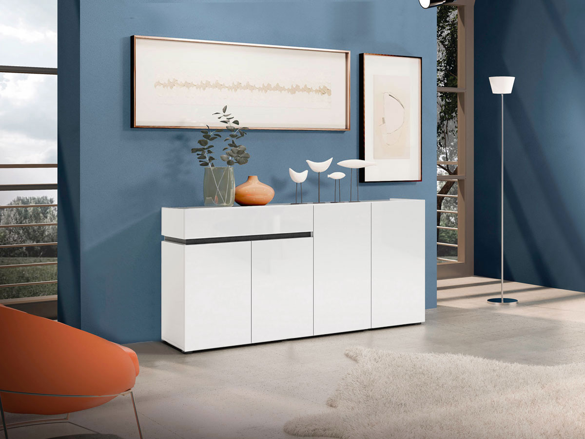 Madia con maniglia a gola, 4 ante 1 cassetto, finitura Bianco laccato lucido