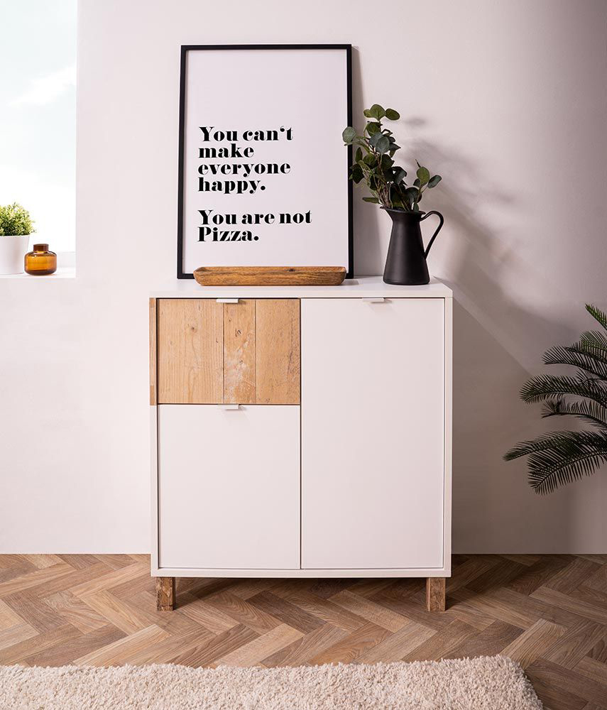 Madia alta Kilsbo con 3 ante in finitura Bianco opaco e Legno vecchio