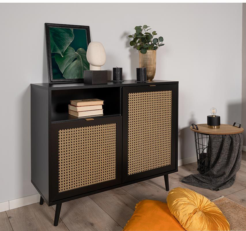 Madia moderna Arendal con 2 ante in finitura Nero opaco con dettagli Oro