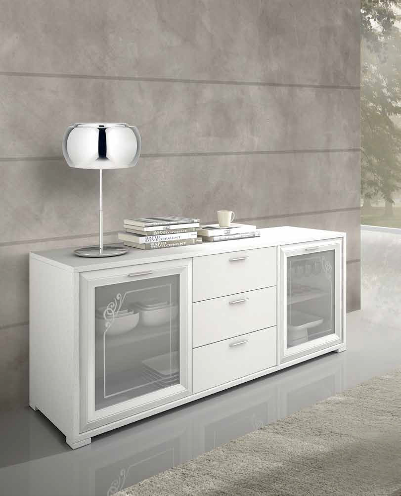 Credenza classica 2 ante in vetro decorate e 3 cassetti, Made in Italy