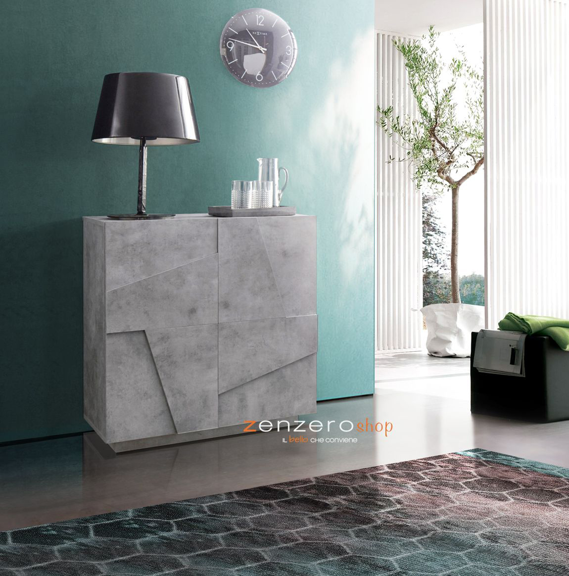 Madia a 2 ante con disegni geometrici in finitura Beton