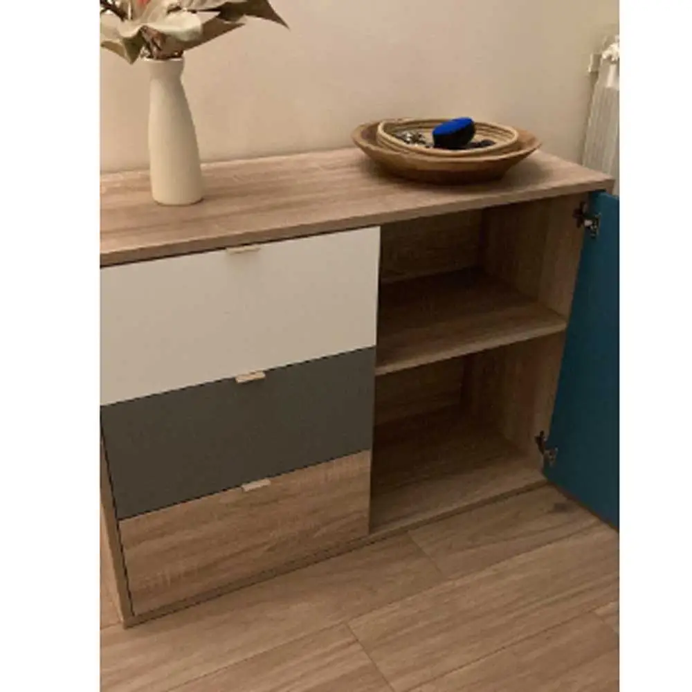 Madia Lavik stile nordico, 1 anta 3 cassetti, finitura Quercia, Bianca, Petrolio e Grigia