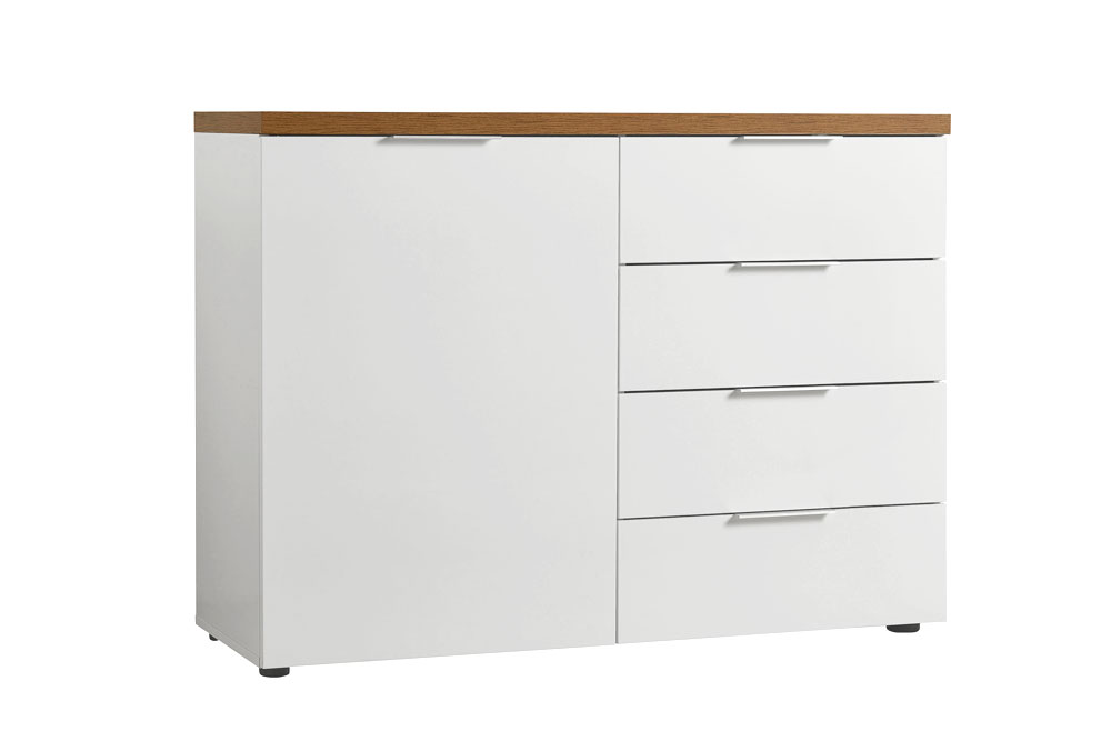 Madia 1 anta e 4 cassetti finitura Bianco lucido e Castagno, Made in Italy