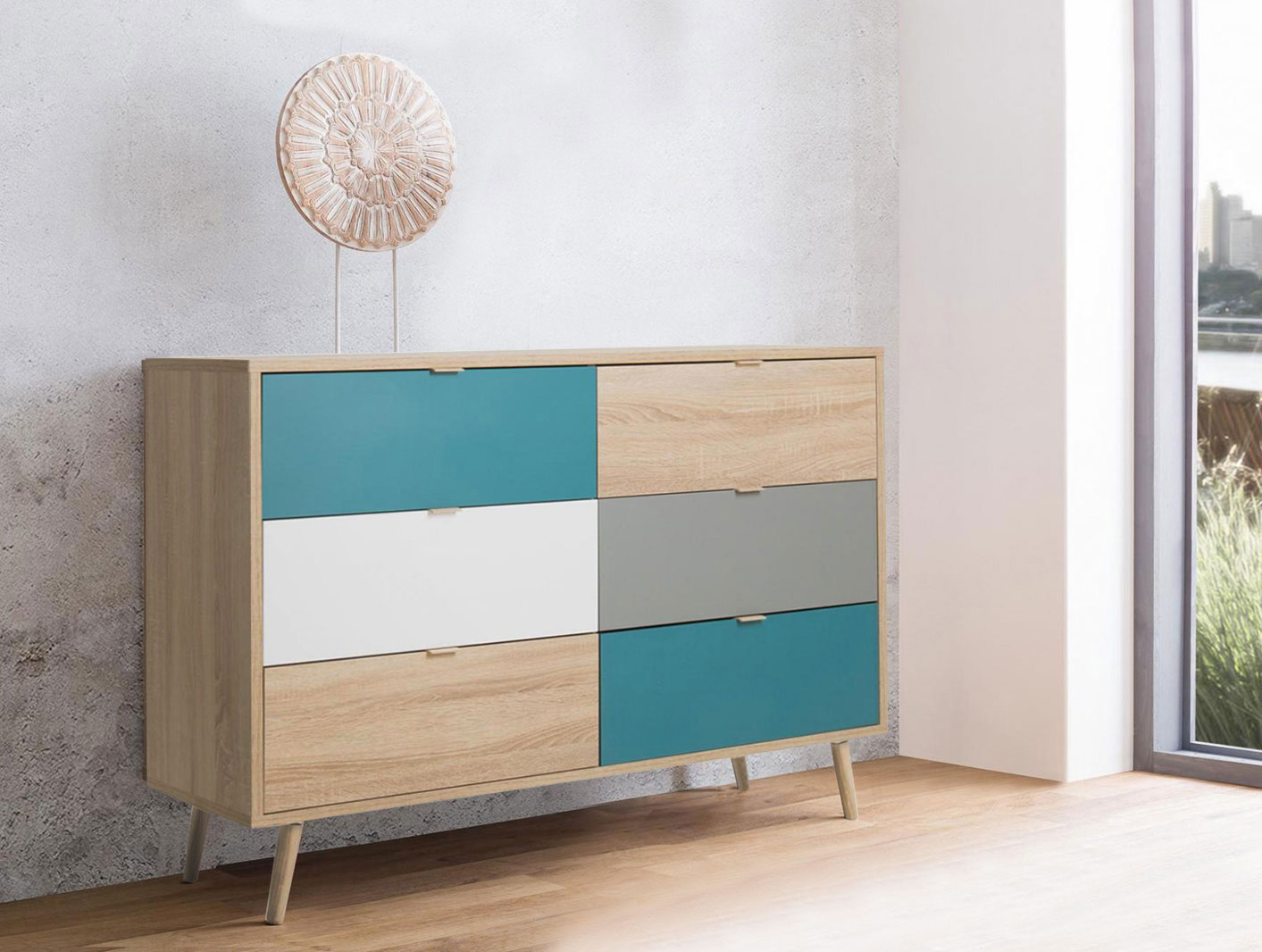 Madia Lavik con gambe in legno, 6 cassetti, finitura Quercia, Bianca, Petrolio e Grigia Zenzero Shop