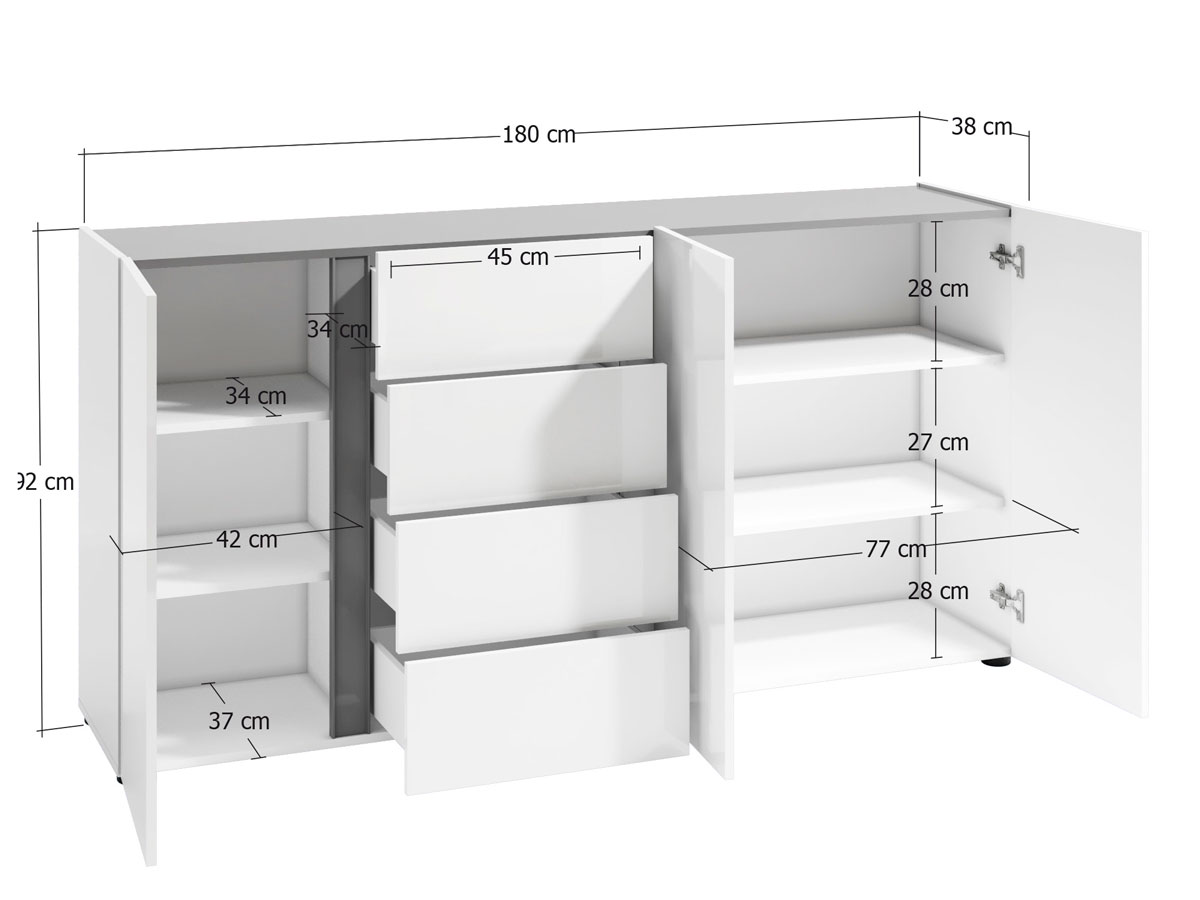 Madia Bianca laccata lucida con 3 ante e 4 cassetto