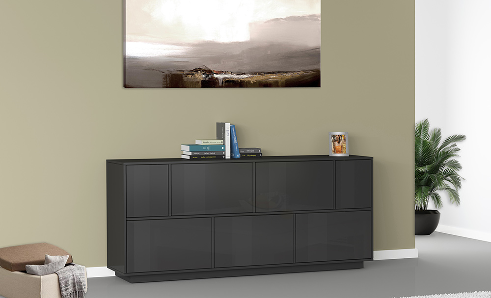 Madia di design con cinque ante a ribalta e due ante battenti, finitura laccato antracite lucido