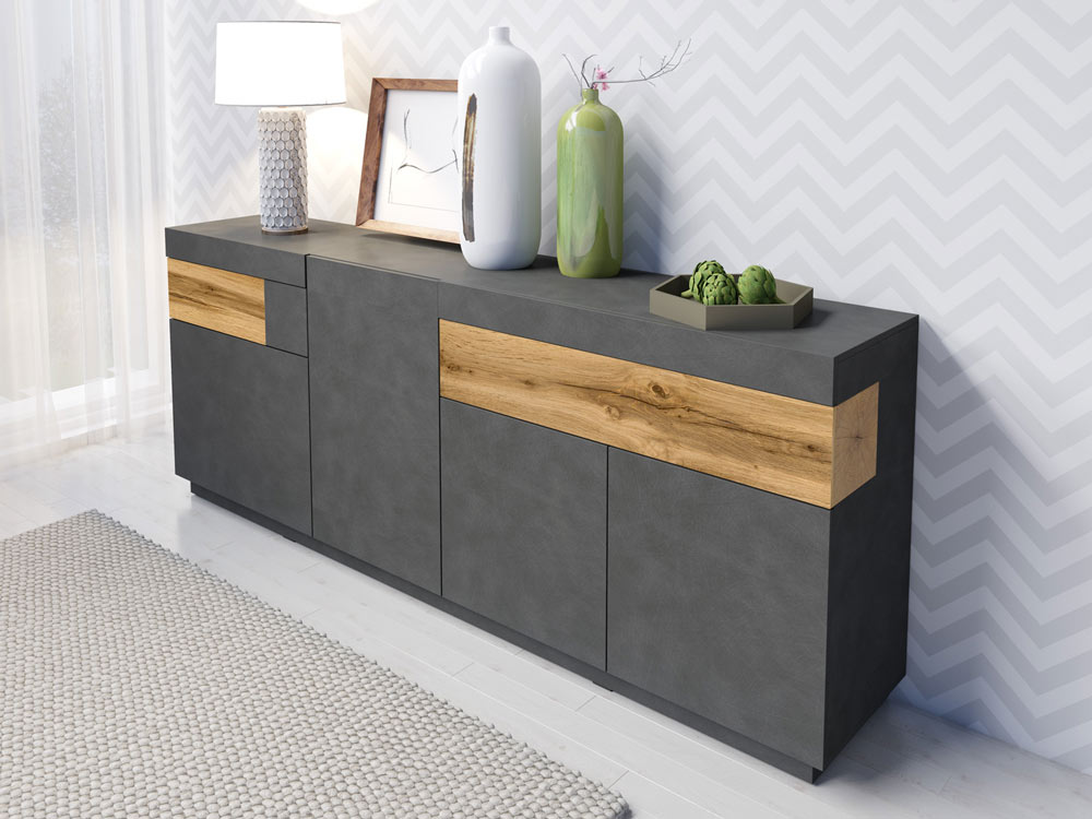 Sala moderna di design composta da Credenza e 2 Vetrine, finitura antracite e rovere naturale