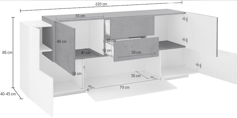 Credenza moderna L.220, Bianca e Ardesia con ante e cassetti