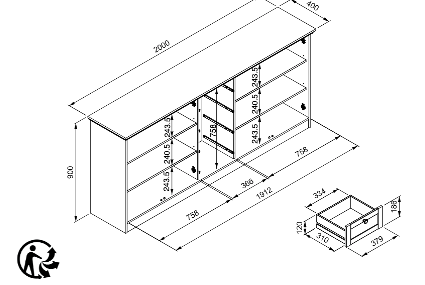 Madia, credenza con 4 ante e 4 cassetti finitura Grigio antracite