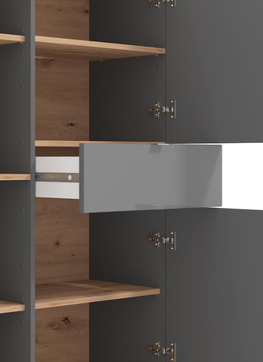 Madia alta con ante vetro, finitura Rovere e Grafite